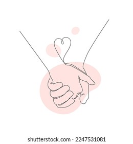 Valentines day holiday, relationships and marriage concept. Vector one line art illustration. Pink splash of heart shape. Holding hands symbol by continous line. Design for greeting card and banner.