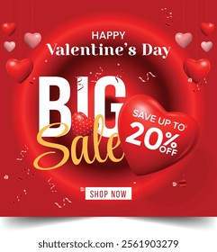 Valentine's day holiday sale 20 percent off, Valentines Day, Big Sale,  Valentines day sale or promo, social media template.