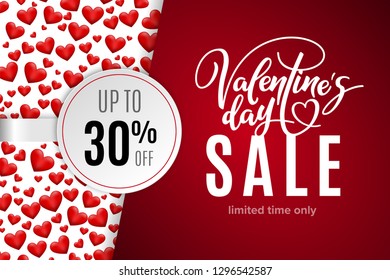 Valentine's day holiday sale 30 percent off with red hearts and lettering. Limited time only. Template for a banner, poster, shopping, discount, invitation. Vector illustration for your design