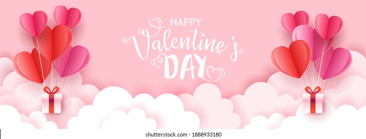 Valentine's day holiday sale banner template for social media advertising, invitation or poster design with paper art cut heart shapes carrying boxes. Vector illustration