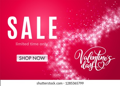 Valentine's day holiday sale with heart of shiny glitter on red background. Limited time only. Template for a banner, poster, shopping, discount, invitation. Vector illustration for your design