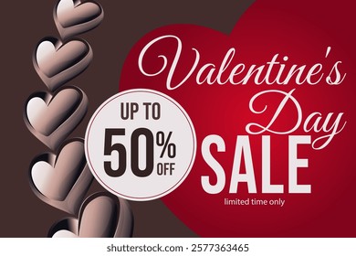 Valentine's Day holiday sale with a percentage discount on red hearts and inscriptions. Time is limited. A template for banners, posters, shopping, discounts, invitations. Vector illustration for your