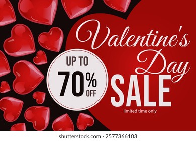 Valentine's Day holiday sale with a percentage discount on red hearts and inscriptions. Time is limited. A template for banners, posters, shopping, discounts, invitations. Vector illustration for your