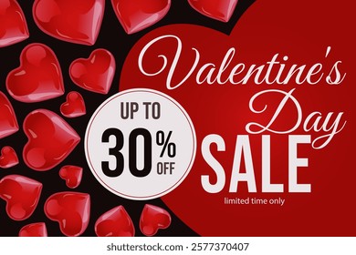 Valentine's Day holiday sale with a percentage discount on red hearts and inscriptions. Time is limited. A template for banners, posters, shopping, discounts, invitations. Vector illustration for your