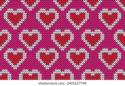 Valentine's Day holiday seamless pattern knitted with hearts. Knitted sweater design project or cross embroidery.