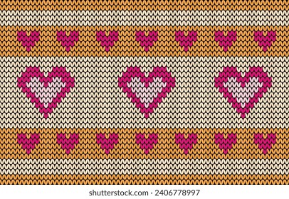 Valentine's Day holiday seamless pattern knitted with hearts. Knitted sweater design project or cross embroidery.