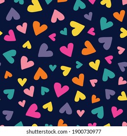 Valentine's Day Holiday Simple Hand-Drawn Colorful Ditsy Hearts on Dark Background Vector Seamless Pattern. Retro Rainbow Whimsical Print for Fashion, Packaging, Wrapping Paper