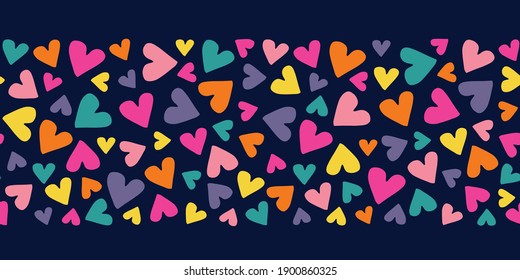 Valentine's Day Holiday Simple Hand-Drawn Colorful Ditsy Hearts on Dark Background Vector Seamless Pattern Border. Retro Rainbow Whimsical Print for Fashion, Packaging, Wrapping Paper