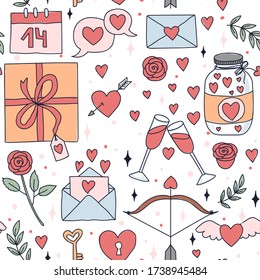 Valentines day holiday symbols seamless pattern vector illustration. Rose glasses with champagne greeting card, bottle with hearts endless texture. Feast of Saint Valentine concept. Isolated on white