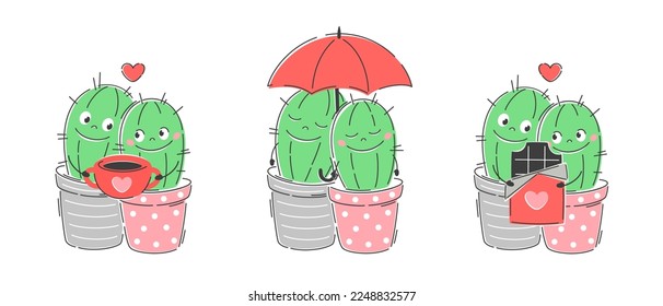 Valentine's Day holiday. Valentine card. Сollection cute couple cacti in a flowerpot. Vector characters for postcards,  invitations, stickers.