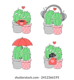 Valentine's Day holiday. Valentine card. Сollection cute couple cacti in a flowerpot. Vector characters for postcards,  invitations, stickers.