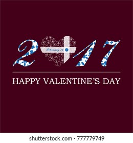 The Valentine's day holiday. Vector image with text and a heart of butterflies on dark red background