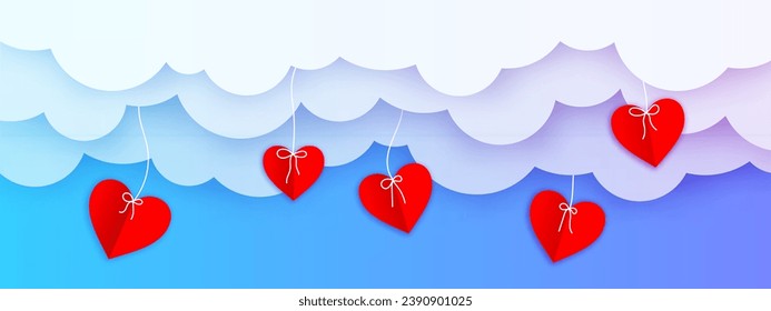 Valentine's Day holidays banner with sky and paper cut clouds. Place for text. Happy Valentine's day header template with hearts on ribbons. Blue cloudscape border for holiday sale background. 