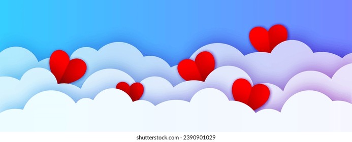 Valentine's Day holidays banner with sky and paper cut clouds. Place for text. Happy Valentine's day header template with red hearts. Blue cloudscape border for holiday sale background. 