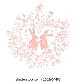 Valentine's Day holidays card with cute rabbits. Vector cartoon illustration with heart, cute rabbits and floral elements on a white background.