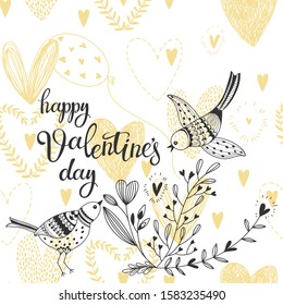 Valentine's Day holidays card with cute birds. Vector cartoon illustration with heart, with cute birds and floral elements on a white background.