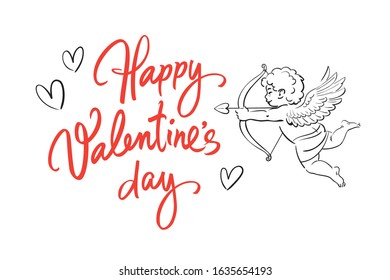 Valentines Day holidays greeting card. Happy Valentine's Day handwritten text with hearts and sketch of cute funny Cupid aiming bow and arrow.  Vector illustration  isolated on white background.