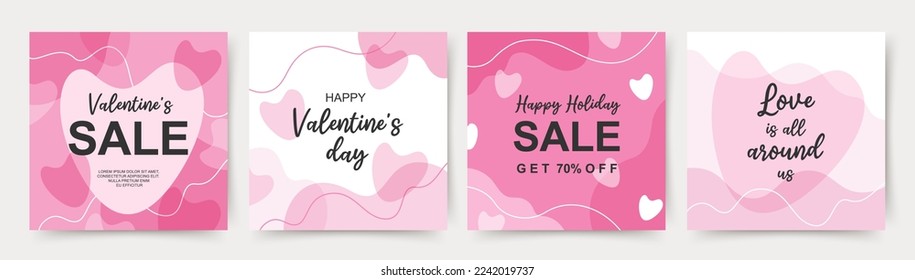 Valentine's day holidays square pink templates. Social media post with hearts. Sales promotion on Valentine's Day. Vector illustration for greeting cards, mobile apps, banner design and web ads