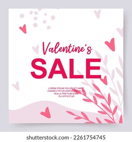 Valentine's Day holidays square template. Sales promotion on Valentine's Day. Social media post with hearts. Vector illustration for greeting card, mobile apps, banner design and web ads