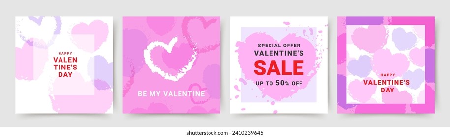 Plantillas cuadradas para fiestas de San Valentín. Publicación en medios sociales con corazones de textura rosada. Cartel de venta en el Día de San Valentín. Fondos vectores para tarjetas de felicitación, diseño de banners y publicidad web