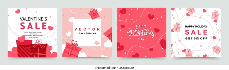 Valentine's Day holidays square templates.Social media post with  gift boxes and hearts.Sales promotion on Valentine's Day.Vector illustration for greeting card, mobile apps, banner design and web ads