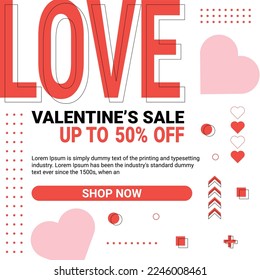 Valentine's Day holidays square templates.Social media post with heart shapes.Sales promotion on Valentine's Day.Vector illustration for greeting card, mobile apps, banner design and web