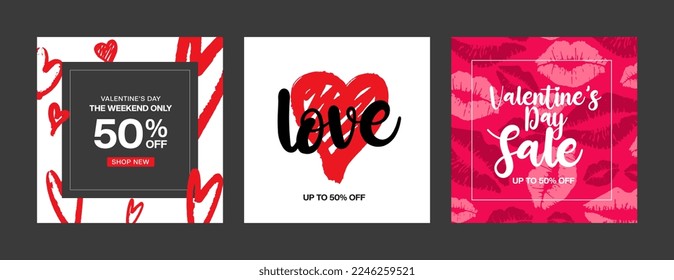 Valentine's Day holidays square templates.Social media post with geometric hearts.Sales promotion on Valentine's Day.Vector illustration for greeting card, mobile apps, banner design and web ads