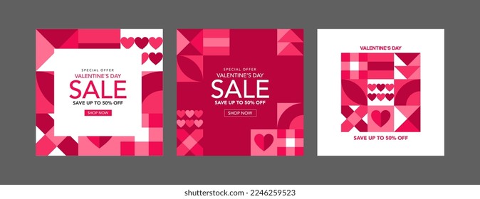 Valentine's Day holidays square templates.Social media post with geometric hearts.Sales promotion on Valentine's Day.Vector illustration for greeting card, mobile apps, banner design and web ads