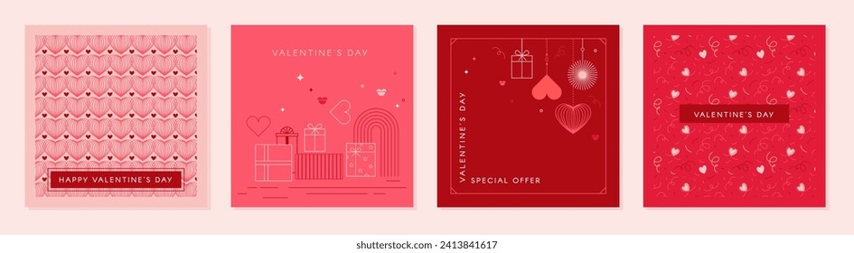 Plantillas para fiestas de San Valentín. Publicación en medios sociales con patrones de corazón. Promoción de ventas y tarjetas de felicitación. Ilustración vectorial para tarjetas de felicitación, aplicaciones móviles, diseño de banners y anuncios web