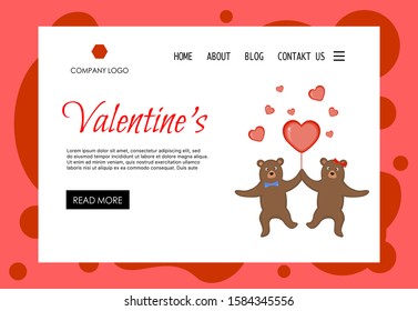 Valentine's Day home page template with couple of bears. Cartoon style. Vector illustration
