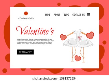 Valentine's Day home page template with storks. Cartoon style. Vector illustration