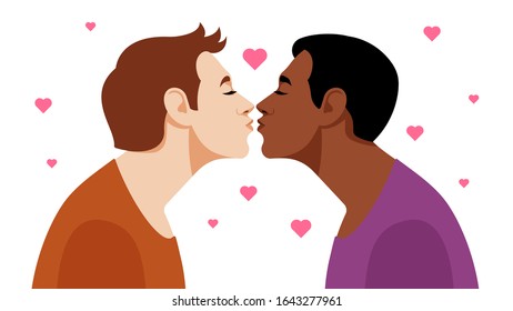 Valentine's Day. Homosexual couple and pink hearts. Two gay guys are kissing. The concept of free love, relationships, love and romance. Vector illustration.