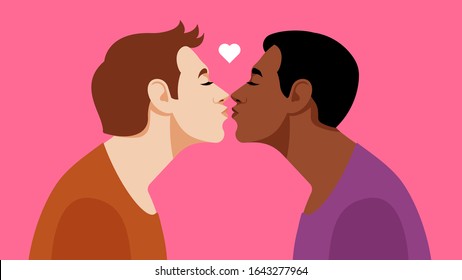 Valentine's Day. Homosexual couple and pink hearts. Two gay guys are kissing. The concept of free love, relationships, love and romance. Vector illustration.