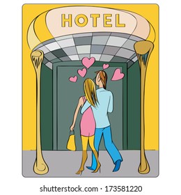 Valentine's Day or honeymoon card, hand drawn cartoon illustration of two lovers seen from the back entering in a hotel