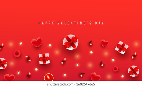 Valentines day horizontal background with border made of gift boxex, love shape and decor pattern on red background with congradilation text. Greeting Card.