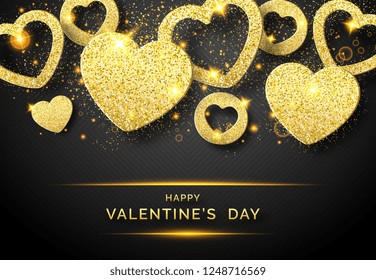 Valentines Day horizontal background with shining golden heart and confetti. Holiday card illustration on black background. Sparkling golden hearts with glitter texture