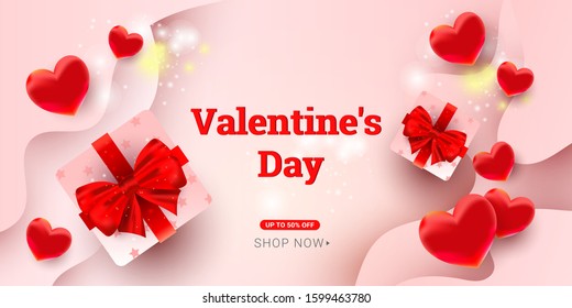 Valentines day horizontal background with shining pink gift boxes, bubble red heart and confetti on liqvid pink background with place for text