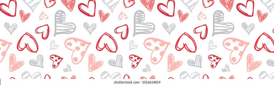 Cartel De Decoración De Esbozo De Fondo Horizontal De San Valentín Con Corazones De Esbozo Dibujados A Mano En Ilustración De Vectores Blancos