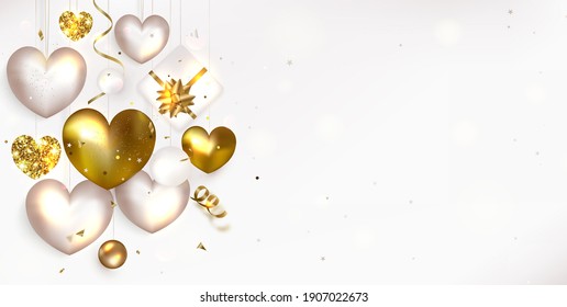 Valentines Day horizontal background.Realistic hearts, flying confetti,particles, bokeh.Template for sales, invitations, promotionals.Vector