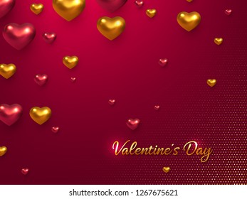 Valentines day horizontal banner. 3d metallic glossy hearts with greeting golden text on vinous glitter dotted background. Vector illustration.