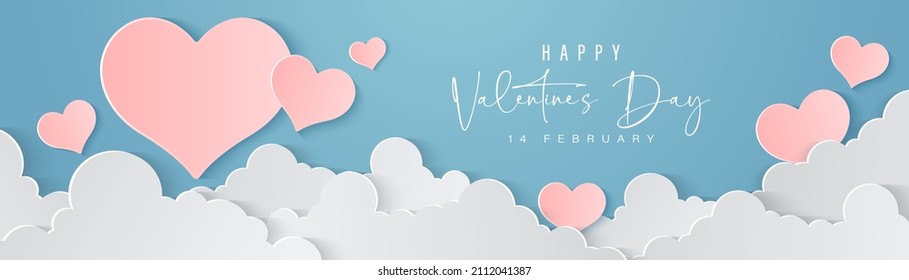 Valentine's day horizontal banner background with paper clouds and hearts. Paper cut style greeting card. Happy valentines day hand lettering text. Suit for invitation, poster, brochure, wallpaper