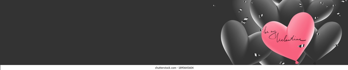Valentine's day horizontal banner. Black and pink heart shaped balloons, confetti. Free space. Vector
