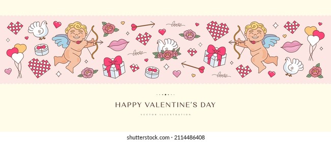 Valentine's day horizontal banner with cartoon cupid, pigeon, gift box, flower and heart. Vector illustration
