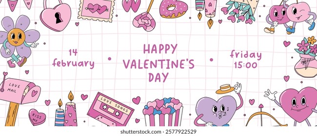 Valentine's day horizontal banner decorated with lettering quote and doodles. Good for invitations, posters, prints, social media covers, promo, templates, etc. EPS 10