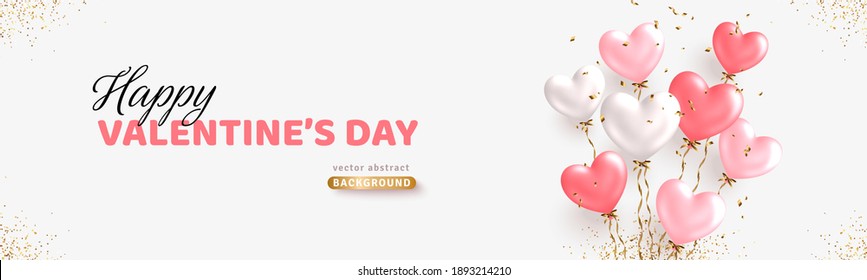 Valentine's day horizontal banner design. Realistic white and pink balloons. Ballon bunch with golden confetti. Decorative holiday banner, festive web poster, flyer, brochure. Romantic card background