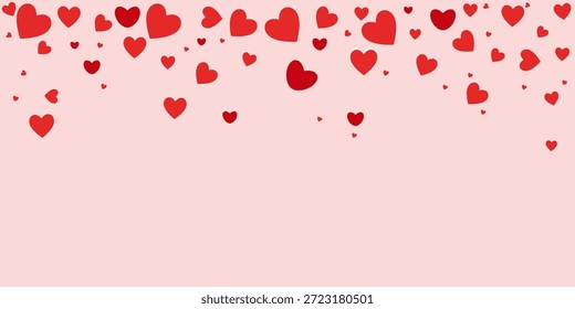 Banner horizontal do Dia dos Namorados com corações vermelhos caindo em um fundo macio. Design festivo elegante para vendas do Dia dos Namorados, cabeçalhos de site ou saudações românticas. Limpar espaço para texto. Ilustração vetorial