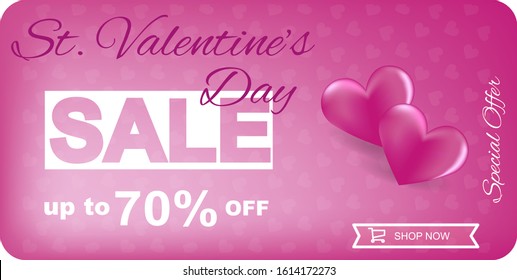 Valentine's Day horizontal banner, flyer design of Sale 70% off discount special offer. Vector illustration. Saint valentine's day offer brochure. Vector template. Vibrant colors. Web banner 