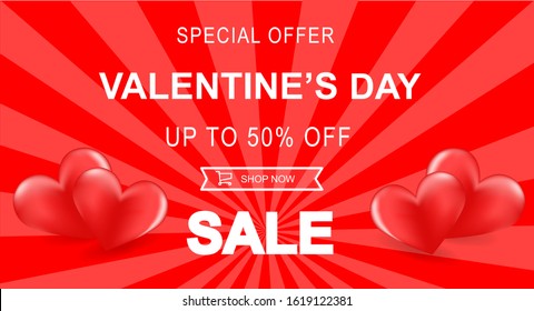 Valentine's Day horizontal banner, flyer design of Sale 50% off discount special offer. Vector illustration. Saint valentine's day offer brochure. Vector template. Vibrant colors. Web banner 