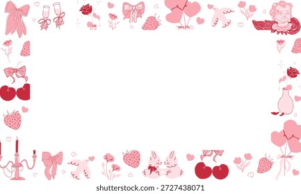 Valentinstag horizontaler Bannerrahmen mit romantischen Doodle-Elementen und Kopienraum. Hand gezeichnete Vektorgrafik mit Herzen, Schleifen, Blumen für Karte, Einladung, Poster, Hochzeit und Branding