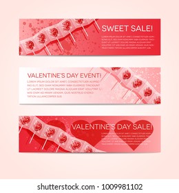 Banner horizontal del Día de San Valentín con lópops en forma de corazón y espacio para tu texto.
